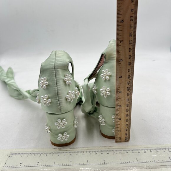 XYD Light Green Open Toe Pearl Flower Ribbon Ankle Strap Chunky Heel Sandal - Picture 4 of 7